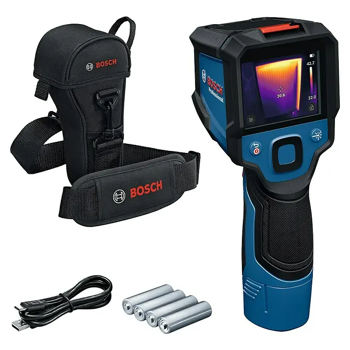 Bosch Professional Wärmebildkamera GTC 12V-450-13 Solo - -20 °C - 450 °C - Produktfoto einer Bosch Wärmebildkamera mit Zubehör wie Akkus, Tasche und USB-Kabel für vielfältige Anwendungen.