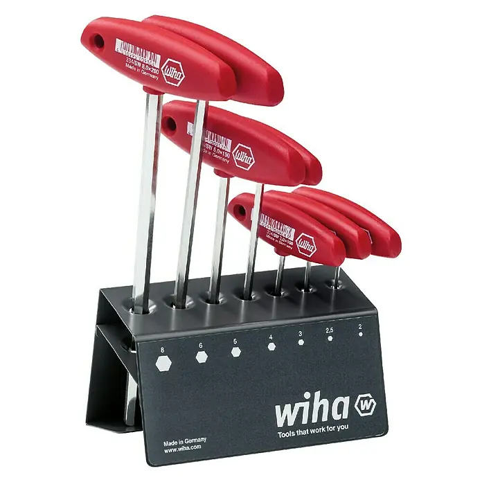 Wiha Stiftschlüsselsatz T-HANDLE-CLASSIC mit Quergriff - 8 -tlg., Schlüsselweite: 2 mm - 8 mm - Ein Satz Wiha T-Griff Inbusschlüssel im Halter, ideal für Werkstatt und Hobby. Praktisches Werkzeugset für Schraubarbeiten.