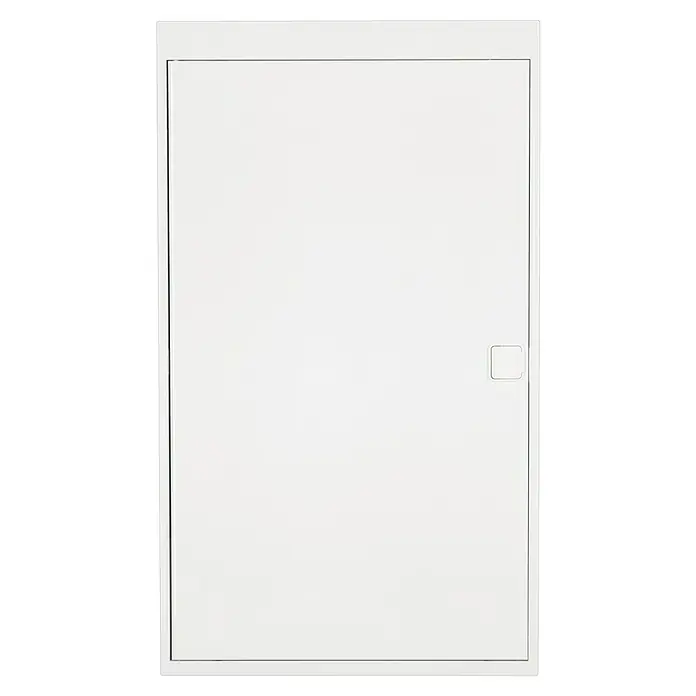 Gewiss Aufputz-Verteiler - Anzahl Reihen: 3 Stk., 37 x 9,5 cm, Weiß - Das Bild zeigt einen weißen Revisionsdeckel mit einem kleinen Griff, ideal für den unauffälligen Zugang zu Installationen.