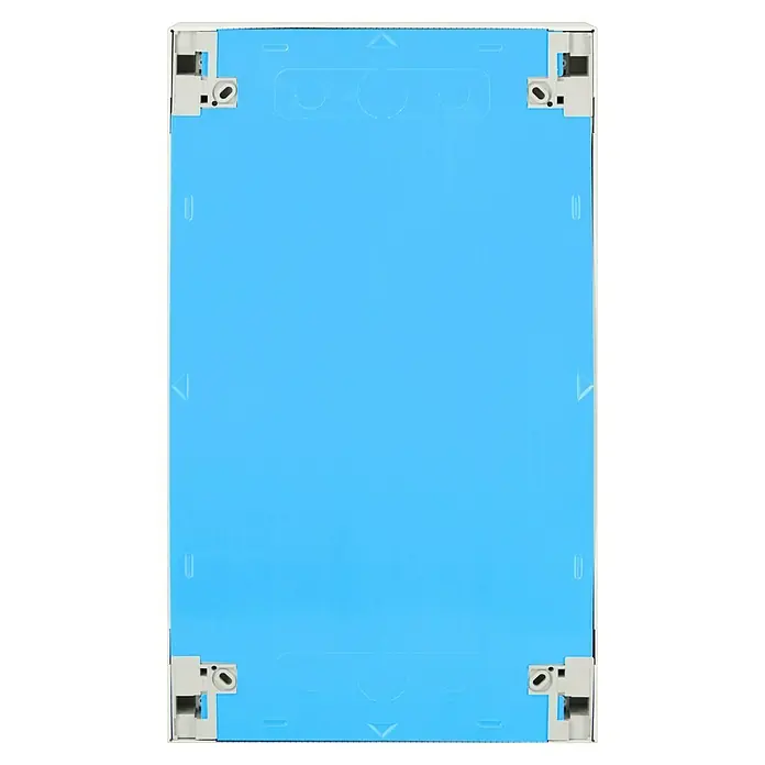 Gewiss Aufputz-Verteiler - Anzahl Reihen: 3 Stk., 37 x 9,5 cm, Weiß - Das Bild zeigt ein rechteckiges, blaues Verteilerfeld mit Montagevorrichtungen, das für die Installation von elektrischen Komponenten vorgesehen ist.