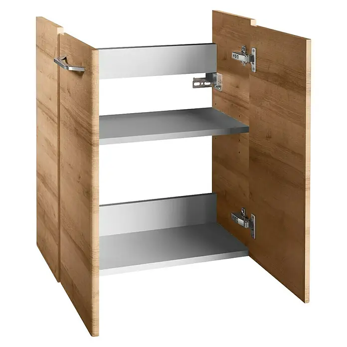 Fackelmann Milano Waschbeckenunterschrank - B x T x H: 520 x 275 x 610 mm, Ast Eiche - Dieses Bild zeigt einen offenen Küchenschrank mit Auszügen. Das Innere ist silbern und die Türen sind aus hellem Holz.