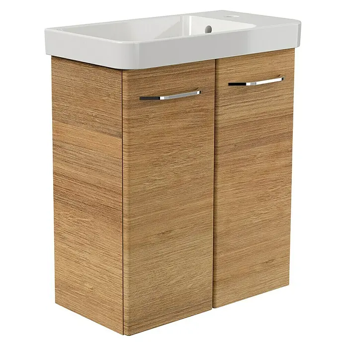 Fackelmann Milano Waschbeckenunterschrank - B x T x H: 520 x 275 x 610 mm, Ast Eiche - Waschbeckenunterschrank mit zwei Türen in Holzoptik und einem weißen Waschbeckenaufsatz.