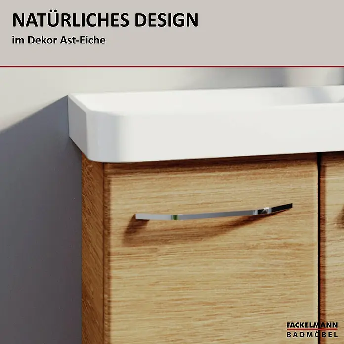 Fackelmann Milano Waschbeckenunterschrank - B x T x H: 520 x 275 x 610 mm, Ast Eiche - Detailansicht eines Waschtischunterschranks in Ast-Eiche Dekor mit Griffleiste und weißem Aufsatzwaschbecken.