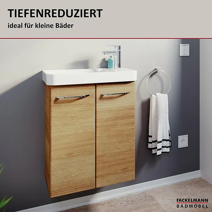 Fackelmann Milano Waschbeckenunterschrank - B x T x H: 520 x 275 x 610 mm, Ast Eiche - Badezimmermöbel mit Waschbeckenunterschrank in Holzoptik, ideal für kleine Bäder. Platzsparend und stilvoll.