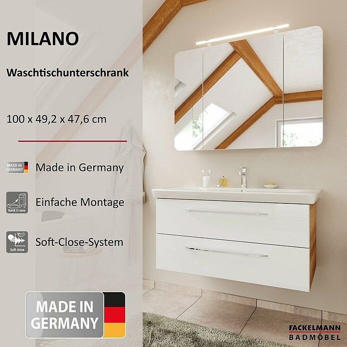 Fackelmann Milano Waschbeckenunterschrank (B x T x H: 1 000 x 476 x 492 mm, Ast Eiche/Weiß) | BAUHAUS