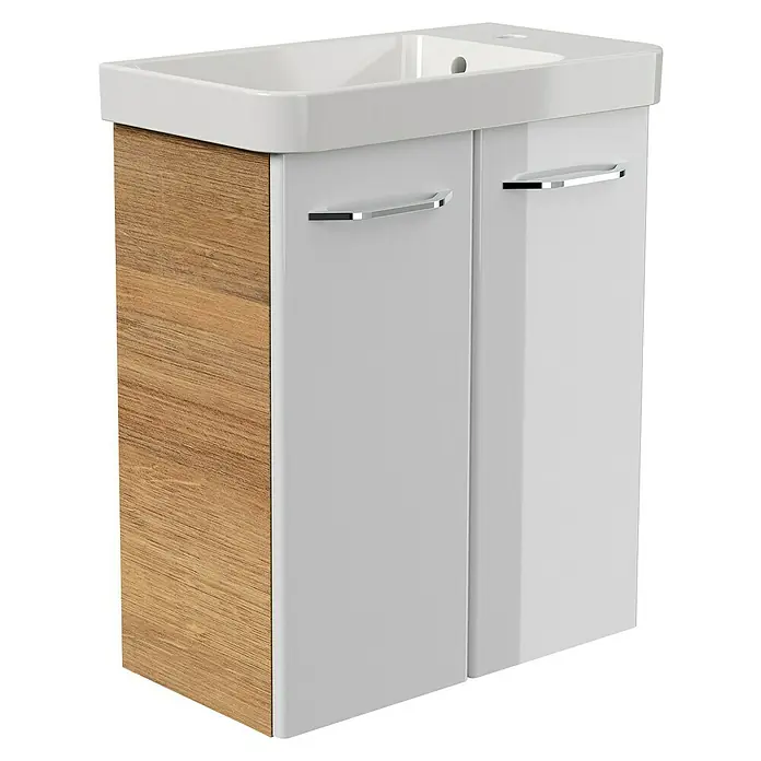 Fackelmann Milano Waschbeckenunterschrank - B x T x H: 520 x 275 x 610 mm, Ast Eiche, Weiß - Bild eines modernen Waschtischunterschranks mit Holzmuster an der Seite und weißen Fronten mit silbernen Griffen.