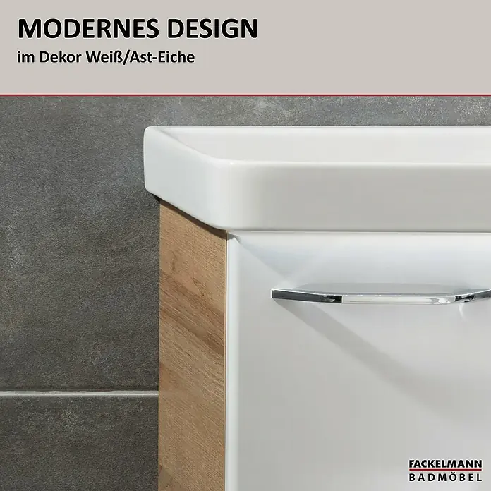 Fackelmann Milano Waschbeckenunterschrank - B x T x H: 520 x 275 x 610 mm, Ast Eiche, Weiß - Detailaufnahme eines modernen Badezimmermöbels im Design Weiß/Ast-Eiche von Fackelmann.