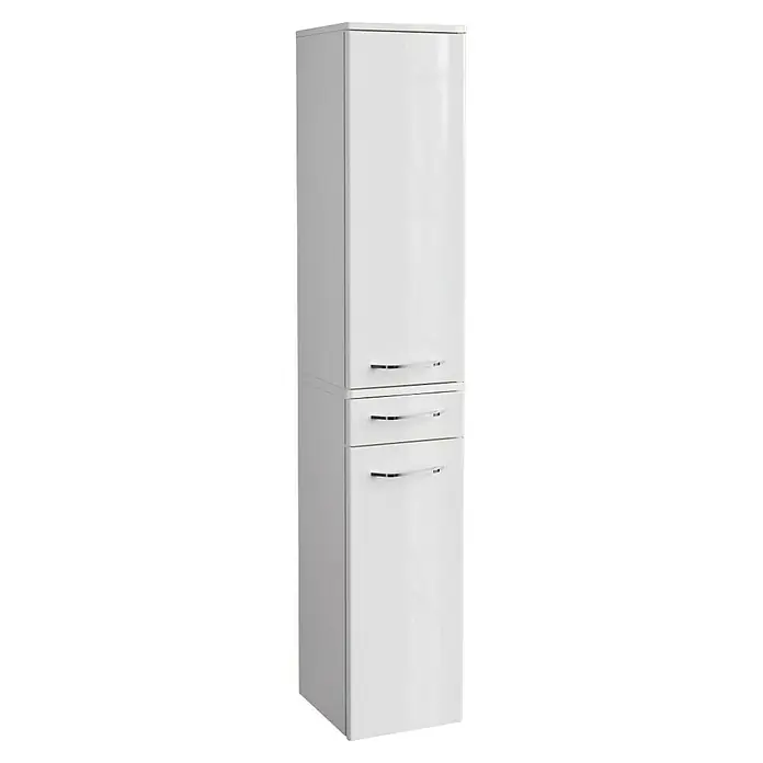Fackelmann Milano Bad-Hochschrank - B x T x H: 302 x 320 x 1.652 mm, Weiß - Weißer Badezimmerschrank mit verchromten Griffen. Der hochglänzende Schrank verfügt über eine Tür, eine Schublade und eine weitere Tür.