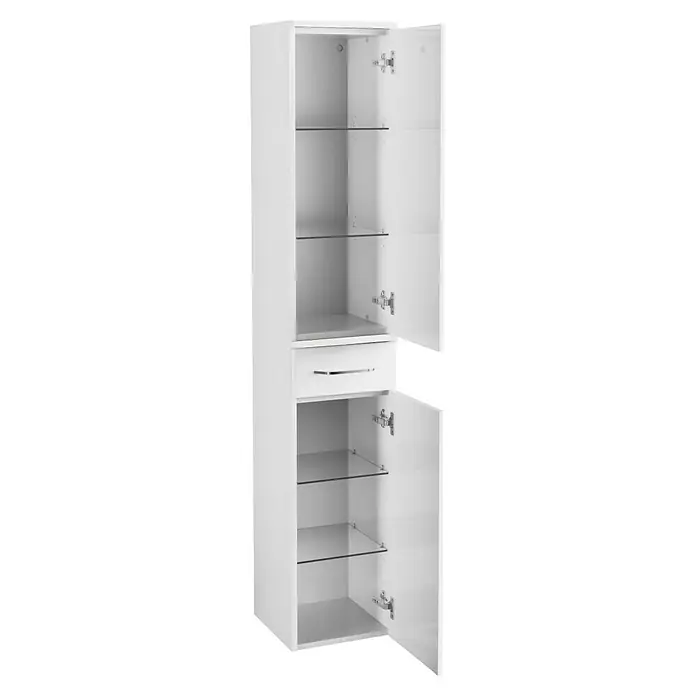 Fackelmann Milano Bad-Hochschrank - B x T x H: 302 x 320 x 1.652 mm, Weiß - Weißer Hochschrank mit Glastüren und Schublade, ideal für moderne Badezimmer zur Aufbewahrung von Kosmetik und Handtüchern.