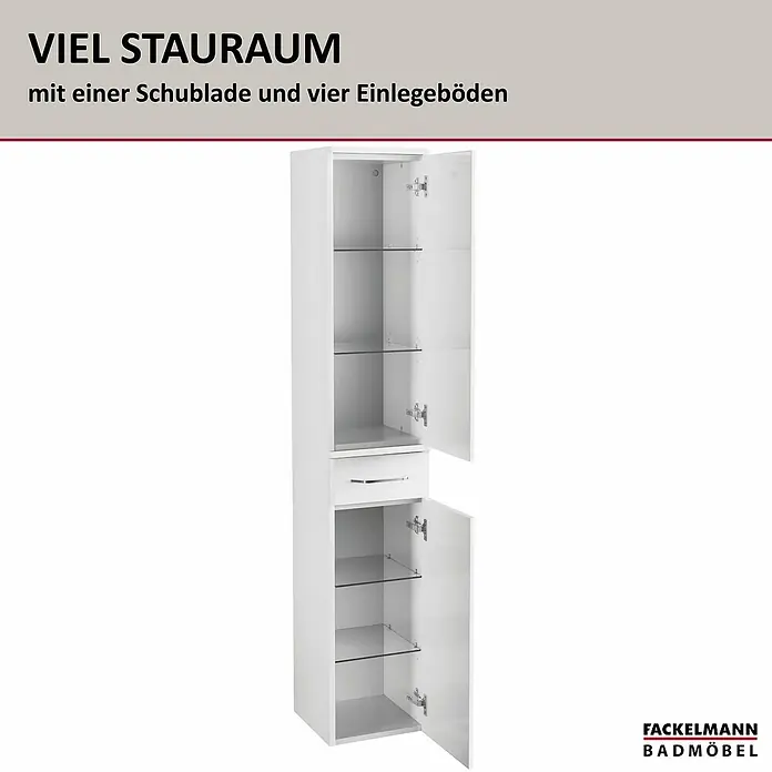 Fackelmann Milano Bad-Hochschrank - B x T x H: 302 x 320 x 1.652 mm, Weiß - Viel Stauraum bietet dieser Hochschrank mit einer Schublade und vier Einlegeböden, ideal für jedes Badezimmer.