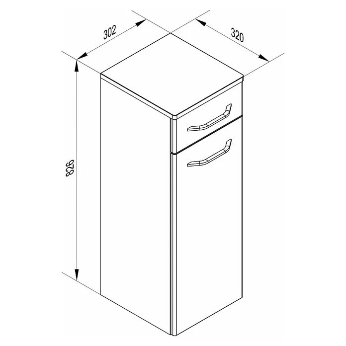 Fackelmann Milano Waschbeckenunterschrank - B x T x H: 302 x 320 x 826 mm, Weiß - Detaillierte isometrische Illustration eines Hochschranks mit Schubladen, der Funktionalität und modernes Design vereint.
