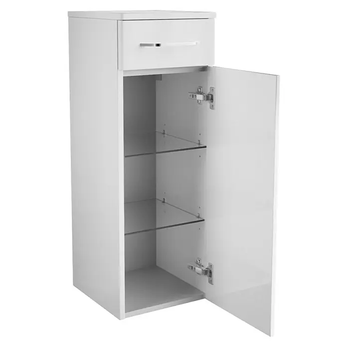 Fackelmann Milano Waschbeckenunterschrank - B x T x H: 302 x 320 x 826 mm, Weiß - Weißer Badezimmerschrank mit Schublade und offenen Regalen, Tür geöffnet. Ideal für die Aufbewahrung von Badutensilien.