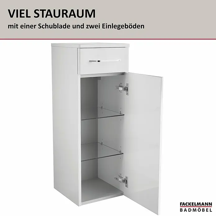 Fackelmann Milano Waschbeckenunterschrank - B x T x H: 302 x 320 x 826 mm, Weiß - Bild eines weißen Badezimmerschranks mit Schublade und zwei Einlegeböden für viel Stauraum.