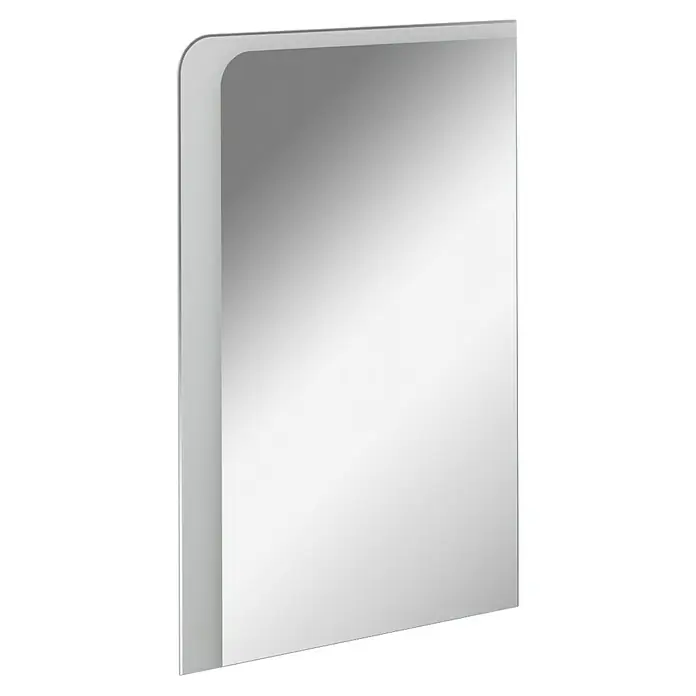 Fackelmann Milano Lichtspiegel - 55 x 80 cm, umlaufendes LED-Band, Rand teilsatiniert - Nahaufnahme eines rechteckigen Spiegels mit abgerundeten Ecken und subtilem Rahmen, der ein modernes und elegantes Design zeigt.