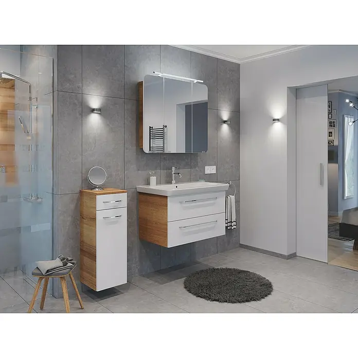 Fackelmann Milano Waschbeckenunterschrank - B x T x H: 302 x 320 x 826 mm, Ast Eiche, Weiß - Modernes Badezimmer mit Waschtisch, Spiegelschrank und Dusche. Der Fokus liegt auf dem stilvollen Interieur und der hochwertigen Ausstattung.