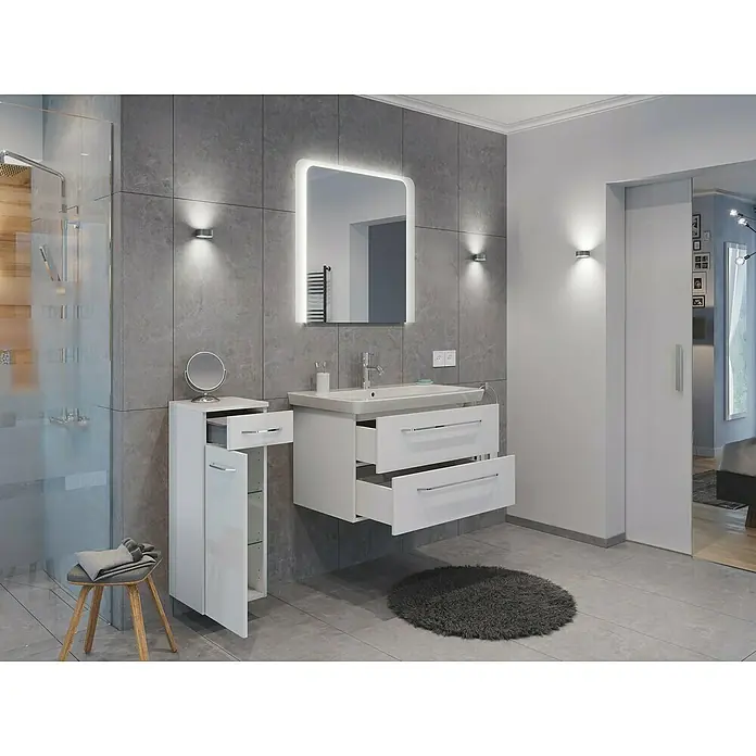 Fackelmann Milano Waschbeckenunterschrank - B x T x H: 302 x 320 x 826 mm, Weiß - Modernes Badezimmer-Interieur mit weißem Waschtisch, Spiegelschrank und stilvoller Beleuchtung für ein elegantes Ambiente.