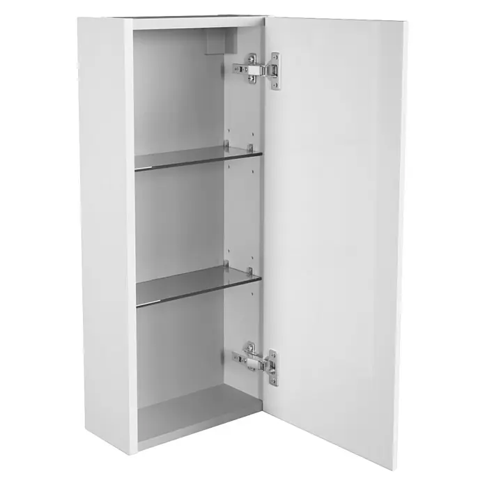 Fackelmann Milano Bad-Hängeschrank - B x T x H: 300 x 154 x 680 mm, Weiß - Ein weißer Badschrank mit offenen Türen und Glasablagen. Das Innere des Schranks ist sichtbar und zeigt die Regale.