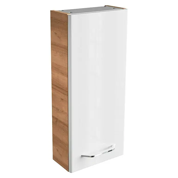Fackelmann Milano Bad-Hängeschrank - B x T x H: 300 x 154 x 680 mm, Ast Eiche, Weiß - Ein hochformatiger Wandschrank mit einer weißen Tür und einer Holzmaserung an der Seite, ideal für zusätzlichen Stauraum.