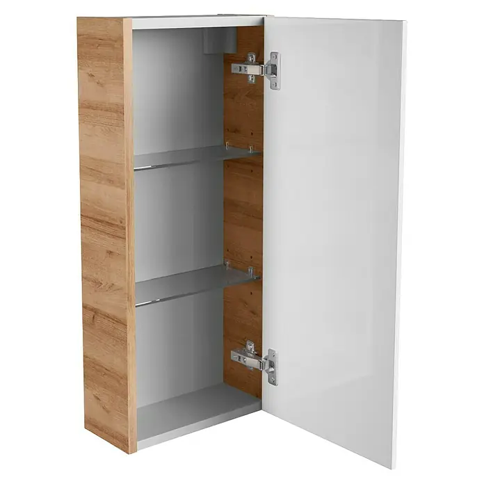 Fackelmann Milano Bad-Hängeschrank - B x T x H: 300 x 154 x 680 mm, Ast Eiche, Weiß - Ein offener Holzschrank mit weißen Regalen und einer weißen Tür mit silbernen Scharnieren.