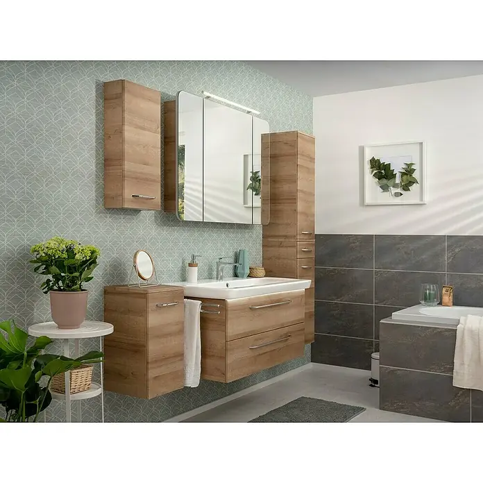 Fackelmann Milano Bad-Hochschrank - B x T x H: 302 x 320 x 1.652 mm, Ast Eiche - Elegantes Badezimmer-Interieur mit Waschtischunterschrank, Spiegelschrank und Hochschrank in Holzoptik für ein stilvolles Ambiente.
