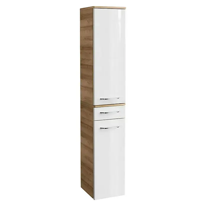 Fackelmann Milano Bad-Hochschrank - B x T x H: 302 x 320 x 1.652 mm, Ast Eiche, Weiß - Elegantes Badezimmer-Hochschrank mit weißer Front und Holzoptik-Korpus. Der Schrank bietet viel Stauraum für Ihr Badzubehör.