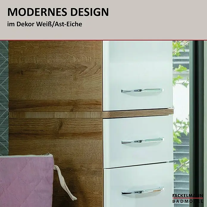 Fackelmann Milano Bad-Hochschrank - B x T x H: 302 x 320 x 1.652 mm, Ast Eiche, Weiß - Detailaufnahme eines modernen Badezimmermöbels in Weiß/Ast-Eiche mit schlichten Griffen und einer eleganten Optik.