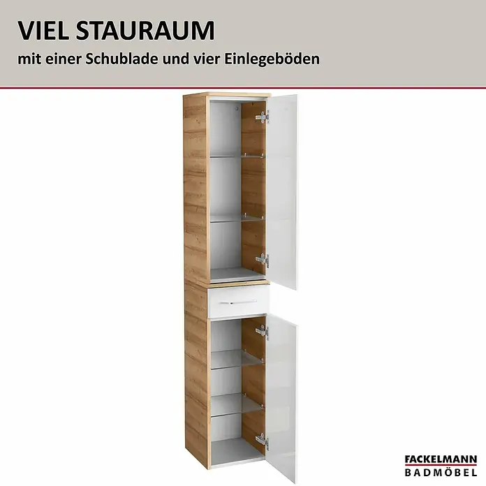 Fackelmann Milano Bad-Hochschrank - B x T x H: 302 x 320 x 1.652 mm, Ast Eiche, Weiß - Badezimmerschrank mit viel Stauraum: einer Schublade und vier Einlegeböden. Moderner Hochschrank mit Holzoptik und weißen Türen.