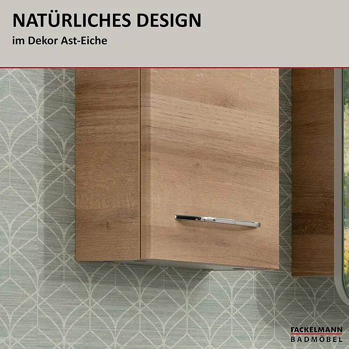 Fackelmann Milano Bad-Hängeschrank - B x T x H: 300 x 154 x 680 mm, Ast Eiche - Badezimmerschrank mit natürlichem Design im Dekor Ast-Eiche. Der Hängeschrank hat einen silberfarbenen Griff und eine helle Holzoptik.