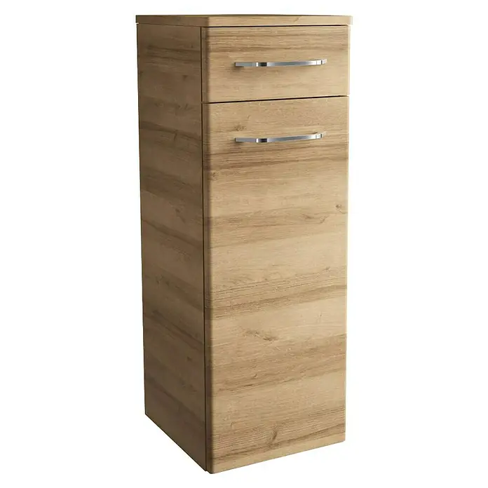Fackelmann Milano Waschbeckenunterschrank - B x T x H: 302 x 320 x 826 mm, Ast Eiche - Ein hochformatiger Badezimmerschrank in Holzoptik mit zwei Schubladen und eleganten, silberfarbenen Griffen.