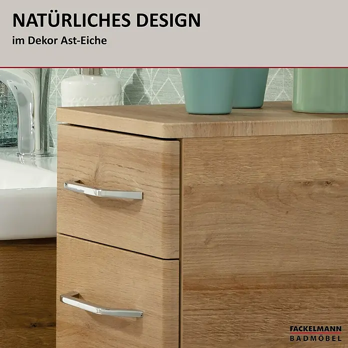 Fackelmann Milano Waschbeckenunterschrank - B x T x H: 302 x 320 x 826 mm, Ast Eiche - Badmöbelunterschrank in natürlichem Design mit Dekor Ast-Eiche und zwei Schubladen mit eleganten Griffen.