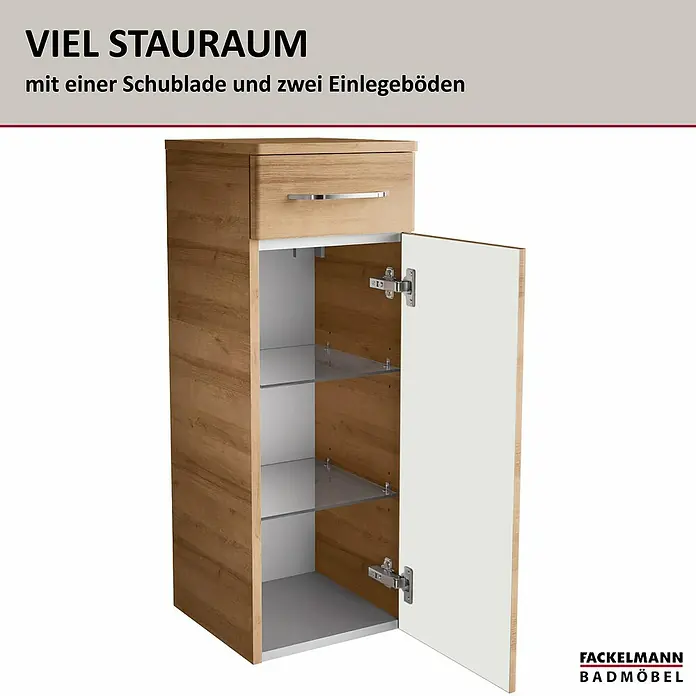 Fackelmann Milano Waschbeckenunterschrank - B x T x H: 302 x 320 x 826 mm, Ast Eiche - Viel Stauraum bietet dieser Badschrank mit Schublade und Einlegeböden. Das Badezimmermöbel ist ein echter Hingucker.