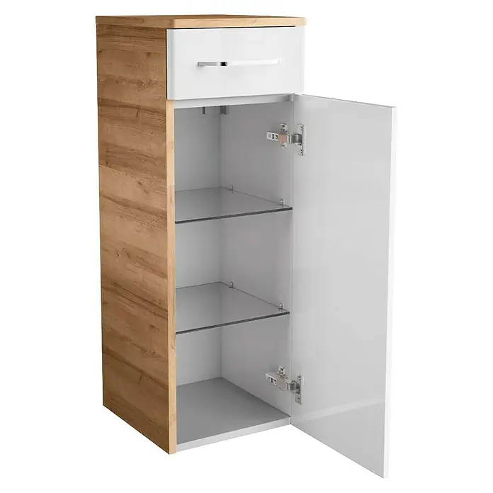 Fackelmann Milano Waschbeckenunterschrank - B x T x H: 302 x 320 x 826 mm, Ast Eiche, Weiß - Ein stilvoller Badschrank mit einer Schublade oben und einem offenen Fach mit Glasböden, die für eine moderne Note sorgen.