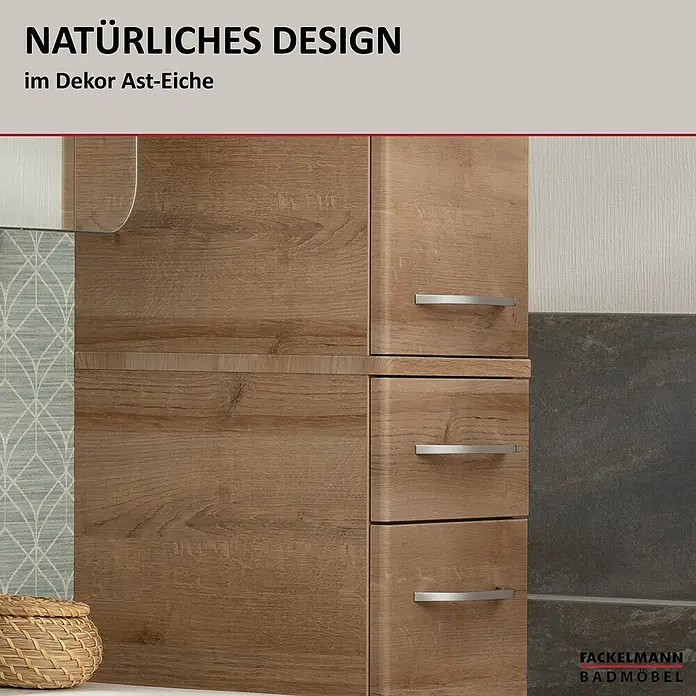 Fackelmann Milano Bad-Hochschrank - B x T x H: 302 x 320 x 1.652 mm, Ast Eiche - Badezimmermöbel im natürlichen Design. Das Badmöbelset im Dekor Ast-Eiche umfasst einen Spiegelschrank und Waschtischunterschrank mit Schubladen.