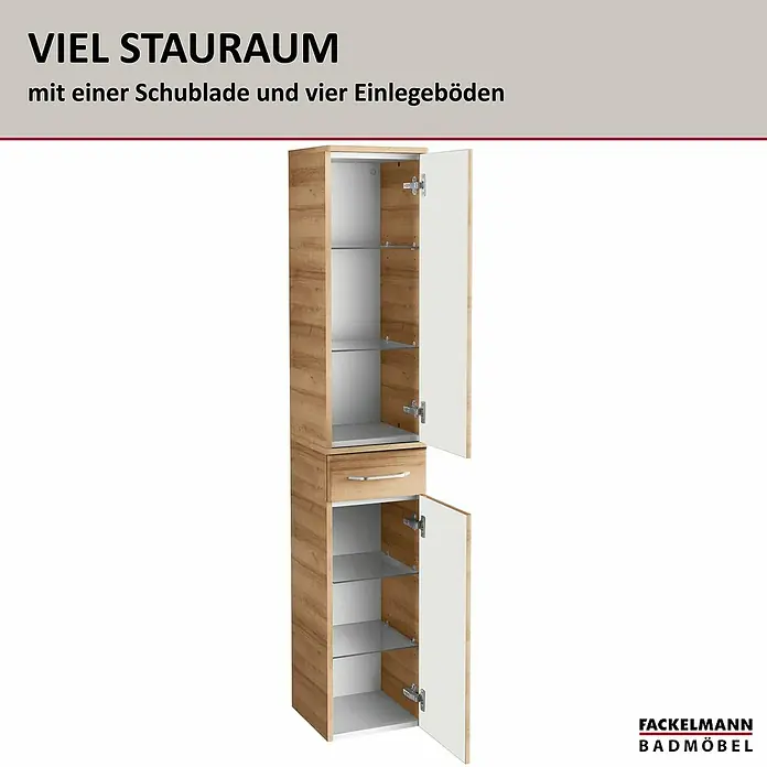 Fackelmann Milano Bad-Hochschrank - B x T x H: 302 x 320 x 1.652 mm, Ast Eiche - Badezimmerschrank mit einer Schublade und vier Einlegeböden bietet viel Stauraum für Badutensilien und Handtücher. Ideal für jedes Badezimmer.