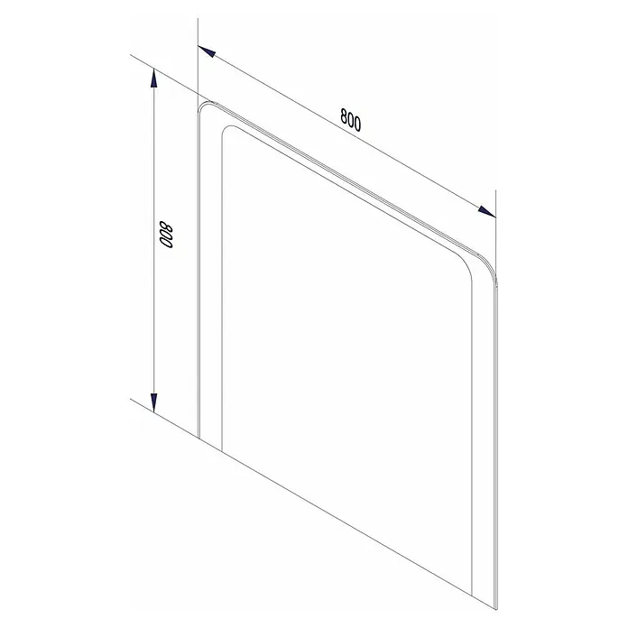 Fackelmann Milano Lichtspiegel - 80 x 80 cm, umlaufendes LED-Band, Rand teilsatiniert - Bild einer rechteckigen Duschkabine mit abgerundeten Ecken und den Maßen 800x800 mm in einer technischen Zeichnung.