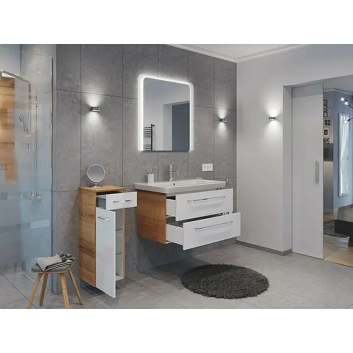 Fackelmann Milano Lichtspiegel - 80 x 80 cm, umlaufendes LED-Band, Rand teilsatiniert - Ein modernes Badezimmer mit einem stilvollen Waschtisch mit offenen Schubladen, einem beleuchteten Spiegel und einer Dusche mit Holzakzenten.