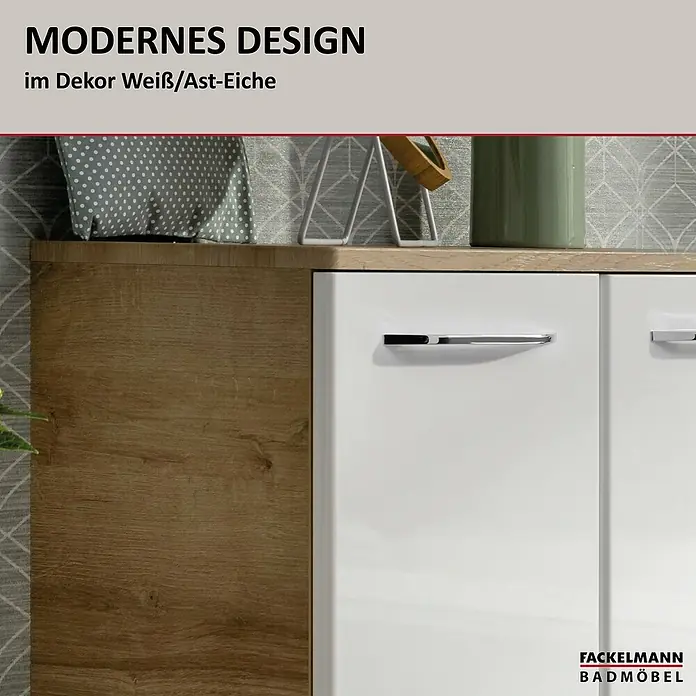 Fackelmann Milano Bad-Hängeschrank - B x T x H: 602 x 320 x 826 mm, Ast Eiche, Weiß - Modernes Design Badezimmermöbel im Dekor Weiß/Ast-Eiche mit schlichten Griffen und klaren Linien für ein stilvolles Badambiente.