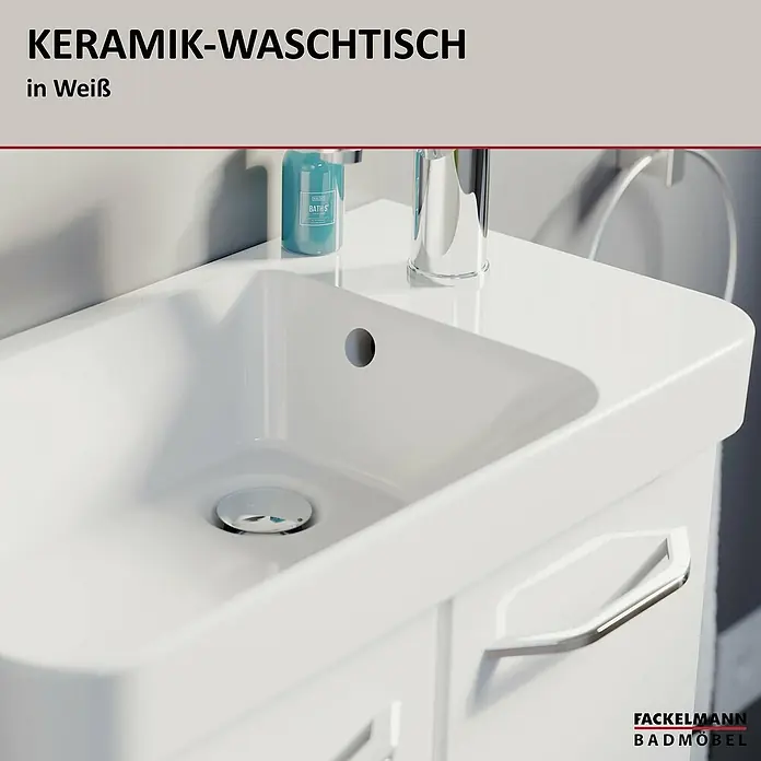 Fackelmann Milano Waschtisch - Mit Überlauf, Weiß - Nahaufnahme eines weißen Keramik-Waschtisches von Fackelmann Badmöbel, der modernes Design und Funktionalität vereint.