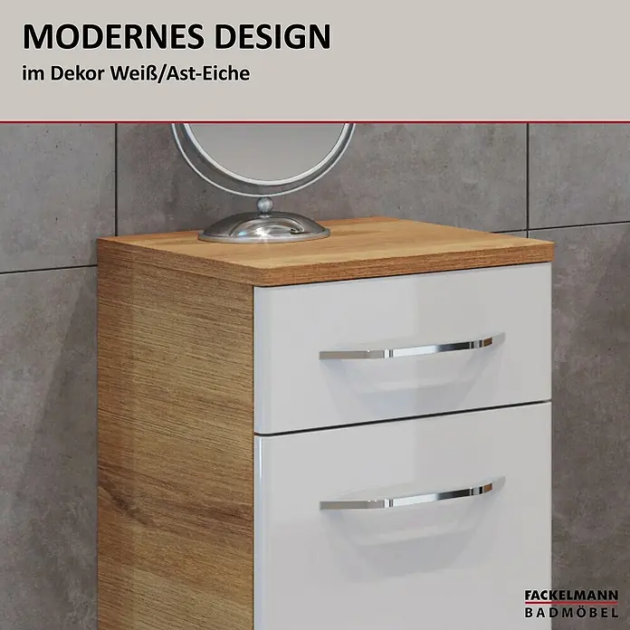 Fackelmann Milano Waschbeckenunterschrank - B x T x H: 302 x 320 x 826 mm, Ast Eiche, Weiß - Modernes Design Badezimmermöbel im Dekor Weiß/Ast-Eiche. Der Waschtischunterschrank mit zwei Schubladen bietet viel Stauraum.