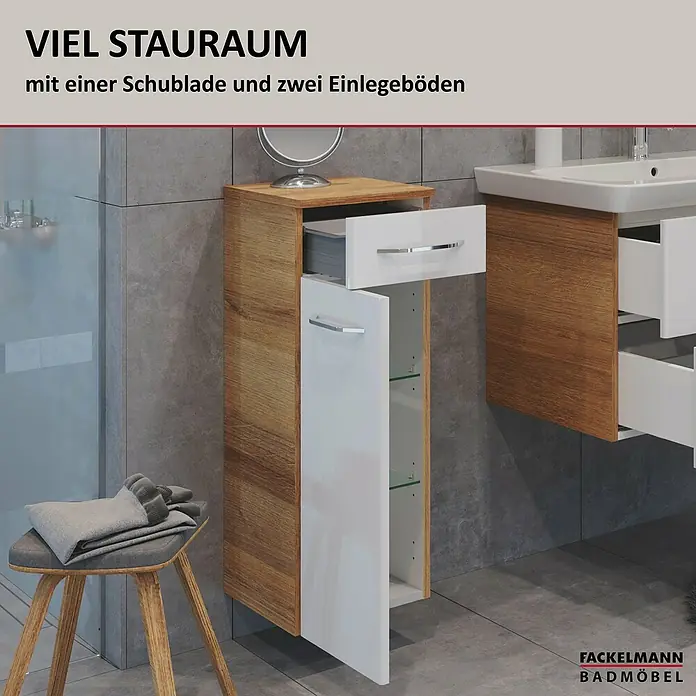 Fackelmann Milano Waschbeckenunterschrank - B x T x H: 302 x 320 x 826 mm, Ast Eiche, Weiß - Modernes Badezimmer mit Waschbeckenunterschrank in Holzoptik und weißer Schublade, das viel Stauraum bietet.