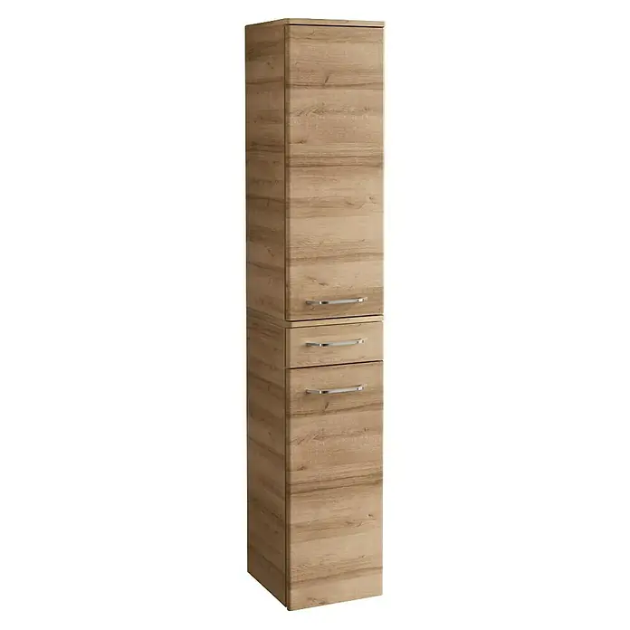 Fackelmann Milano Bad-Hochschrank - B x T x H: 302 x 320 x 1.652 mm, Ast Eiche - Hochformatiger Holzschrank mit zwei Schubladen und einem Fach, ideal für Badezimmer. Holzmaserung sorgt für rustikales Flair.