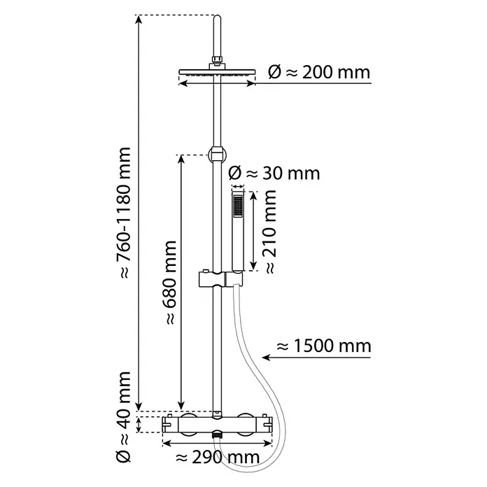 Mixomat Duschsystem Orlando - Höhe: 118 cm, Chrom, Glänzend - Eine schematische Darstellung einer Duscharmatur mit Maßangaben zu Durchmesser, Höhe und Länge der verschiedenen Elemente.