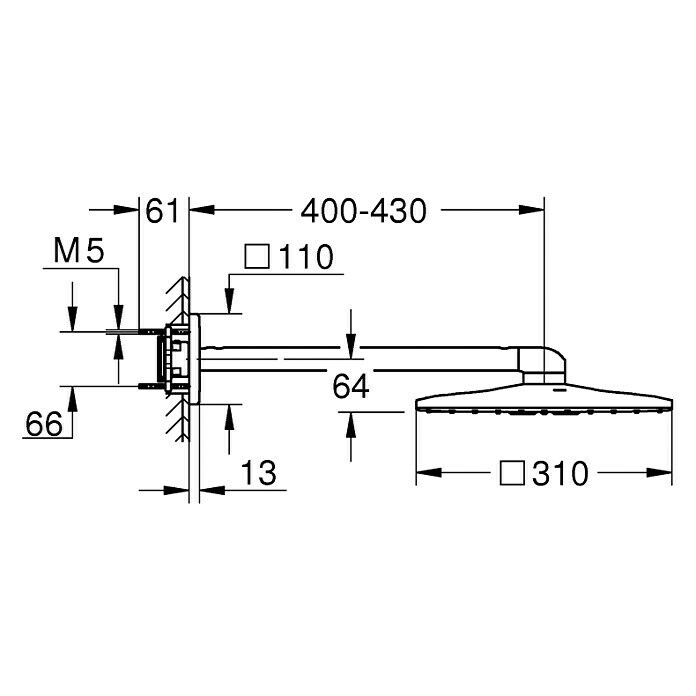 Grohe Kopfbrausen-Set Rainshower Smartactive 310 Cube31 x 31 cm, 25 l/min bei 3 bar, Wandmontage, Chrom Front View