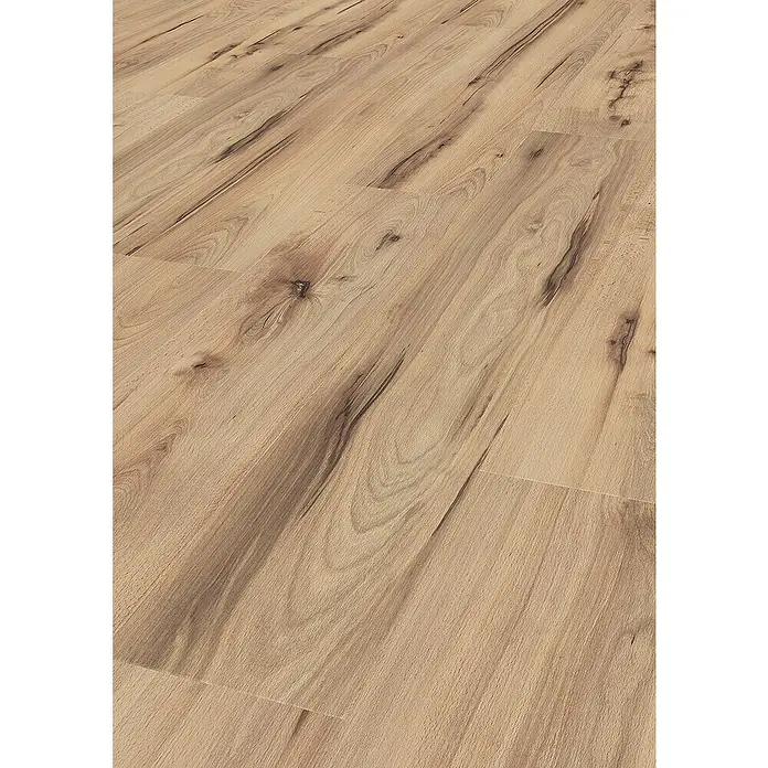 LOGOCLIC Family Laminat Buche Varese - Buche Varese, Landhausdiele, 1.288 x 195 x 7 mm - Nahaufnahme eines Laminatbodens mit hellem Holzdesign und Maserung.