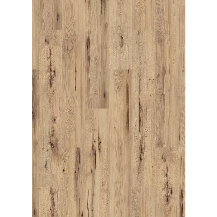 LOGOCLIC Family Laminat - Buche Varese, Landhausdiele, 1.288 x 195 x 7 mm - Ein detailreiches Bild von Holzbodenfliesen, die eine warme, natürliche Holzoptik mit markanten Maserungen und Astlöchern aufweisen.