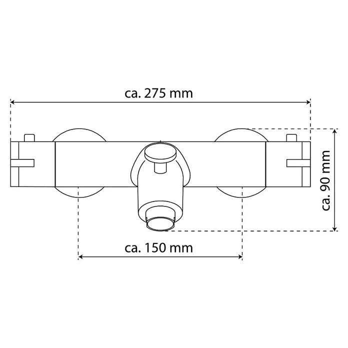 Camargue Badewannenarmatur Zapo - Ausladung Armatur: 165 mm, Schwarz, Matt - Schemazeichnung einer Armatur mit ca. 275 mm Breite und ca. 90 mm Höhe. Der Auslauf hat eine Länge von ca. 150 mm.