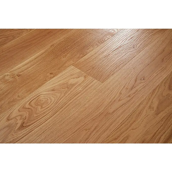 Parkett - Eiche Trier, Landhausdiele, 1.900 x 190 x 14 mm - Nahaufnahme von hellbraunem Laminatboden mit Holzmaserung und glatter Oberfläche für ein warmes und natürliches Ambiente.