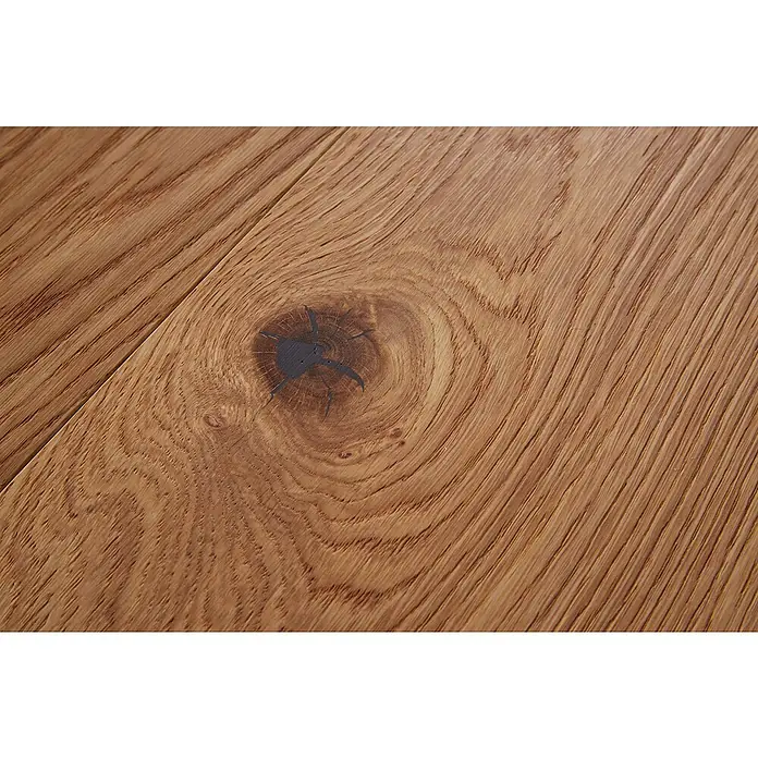 Parkett - Eiche Como, Landhausdiele, 1.900 x 190 x 14 mm - Nahaufnahme eines Holzbodens mit Astloch, das die natürliche Maserung und die warme Farbpalette des Holzes betont.