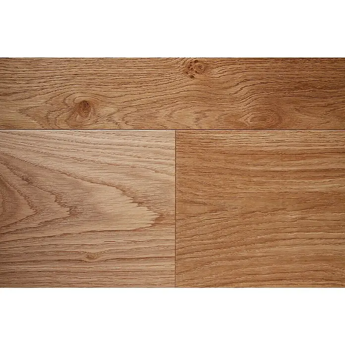 Parkett - Eiche Trier, Landhausdiele, 1.900 x 190 x 14 mm - Nahaufnahme von vier Holzpaneelen mit Maserung in verschiedenen Brauntönen, die eine warme, natürliche Optik erzeugen.