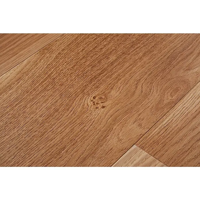 Parkett - Eiche Trier, Landhausdiele, 1.900 x 190 x 14 mm - Nahaufnahme eines Laminatbodens mit Holzmaserung und Astloch, der die natürliche Schönheit des Materials zeigt.
